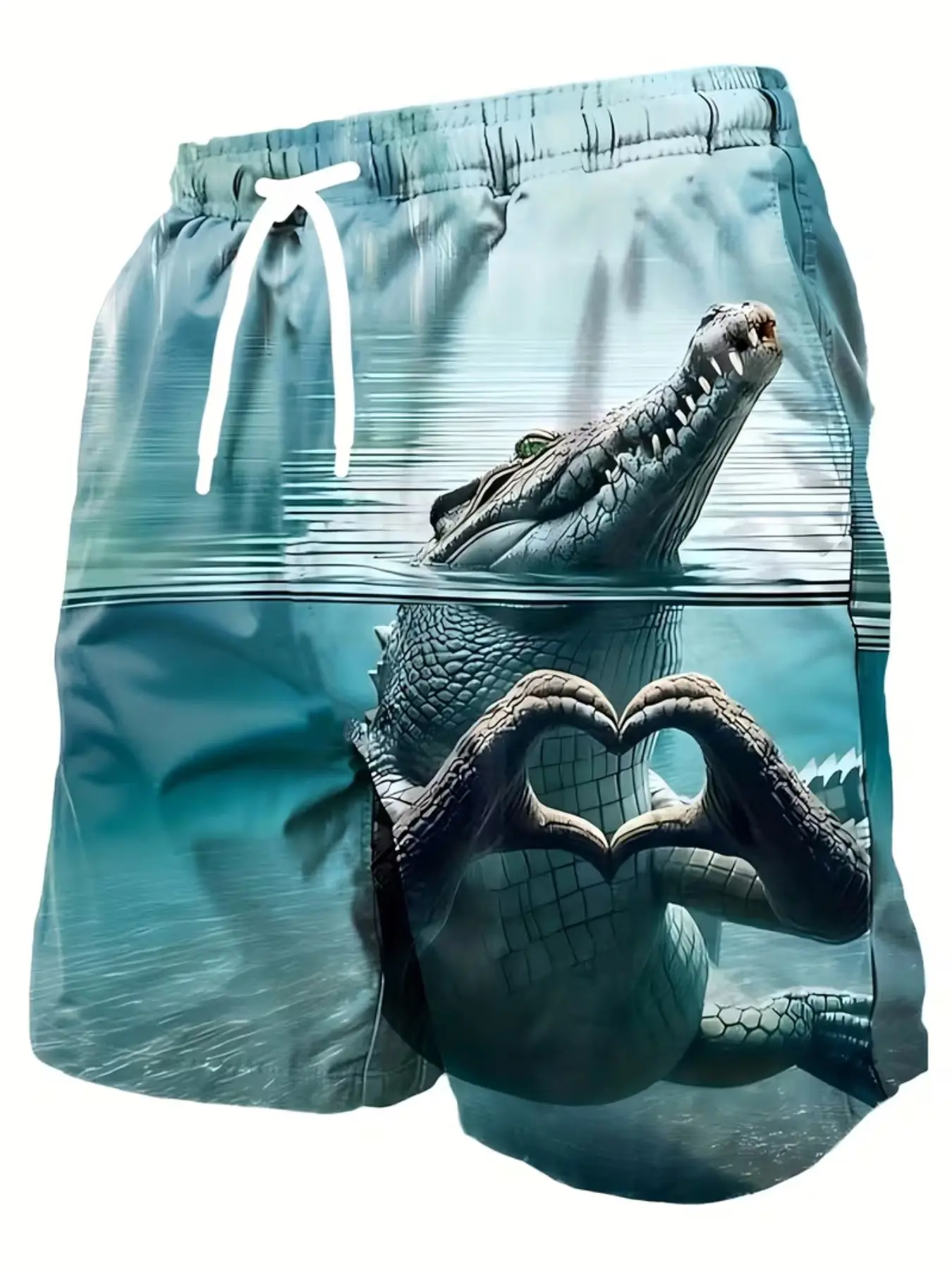 Creative Crocodile Heart Swimwear Unisex Beach Shorts Trendy 3D Print Couple Casual Swimming Gear, Summer Swim Trunks, Summer Swim Bottoms, Drawstring Swim Shorts