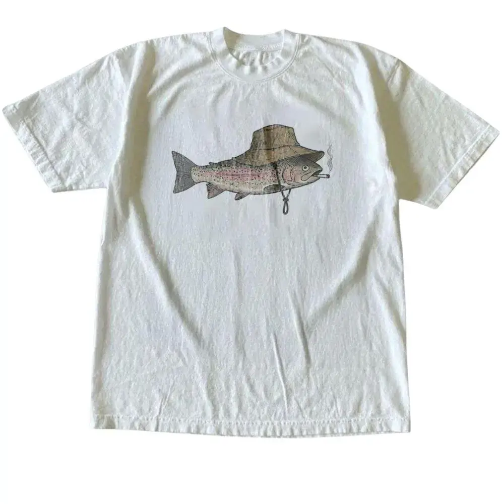 The Vintage Fishing Trout Hat Shirt, Vintage Funny Fish Smoking Shirt, Fish Shirt, Gift For Woman, Gift For Men, Womenswear Top Underwear Streetwear, Trending Shirt yh01
