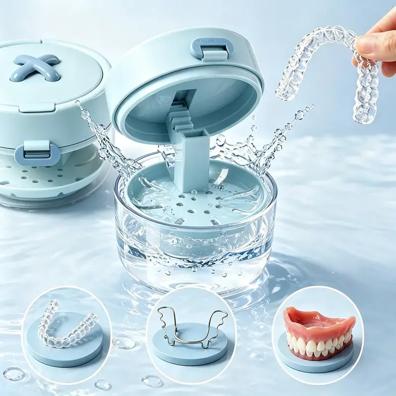 3-in-1 Plastic Retainer Case with Leak-Proof Lid, Compact Removable Cleaning Basket, Universal Fit Portable Lightweight Denture Holder for Outdoor Travel & Daily Storage, 3-In-1 Design