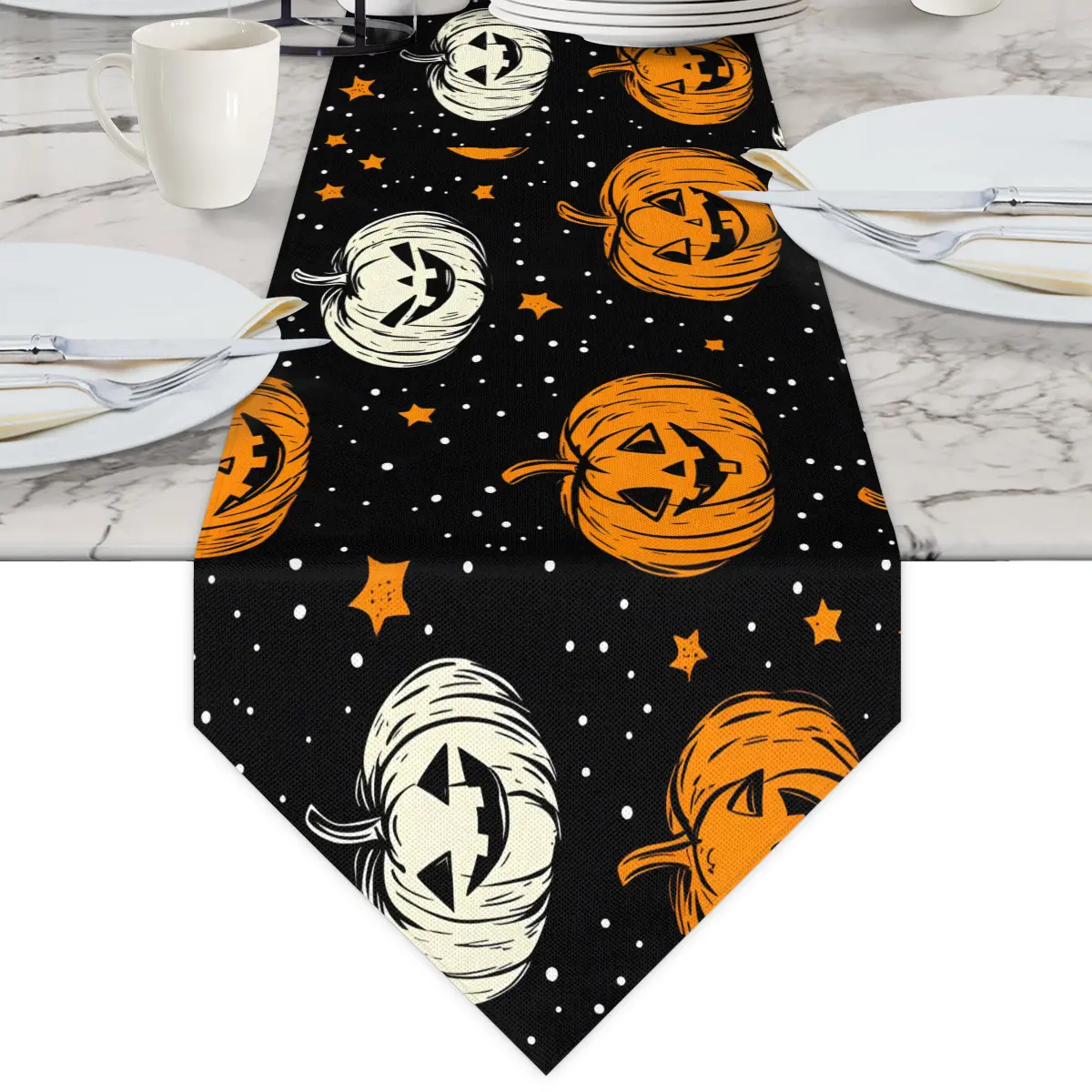 Black Background Halloween Jack O Lantern Table Runner Orange White Pumpkin Star Print Washable Long Table Dresser Scarf for Dining Kitchen Coffee Table Fall Spooky Party Home Decor