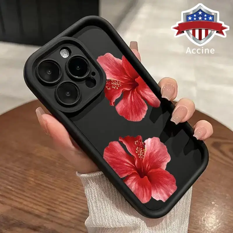 Hibiscus Blooms Pattern TPU Phone Case for iPhone 17 16 15 14 Pro Max 13 12 11 Air XR XS Plus Shockproof Non Slip Military-Grade Protection Silicone C
