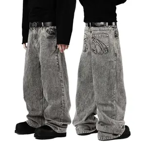Retro Harajuku Hip Hop Embroidered Washed Loose Straight Leg Jeans Men and Women used with raincoat