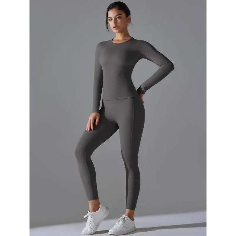 Women's Solid Long Sleeve Tee & Leggings Sports Set, Casual Comfy Breathable Two-piece Outfits for Yoga Gym Workout Running, Ladies Sportswear for All Seasons Women's Solid Long Sleeve Tee & Leggings Sports Set, Casual Comfy Breathable Two-piece Outfits for Yoga Gym Workout Running, Ladies Sportswear for All Seasons
