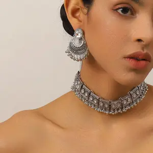 Women's 2-Piece Silver-Tone Oxidized Bohemian Body Jewelry Set - Ethnic Tribal Choker Necklace, Jhumka Earrings with Bell Tassel Charms, Retro Boho Statement Jewelry for Festival & Traditional Wear