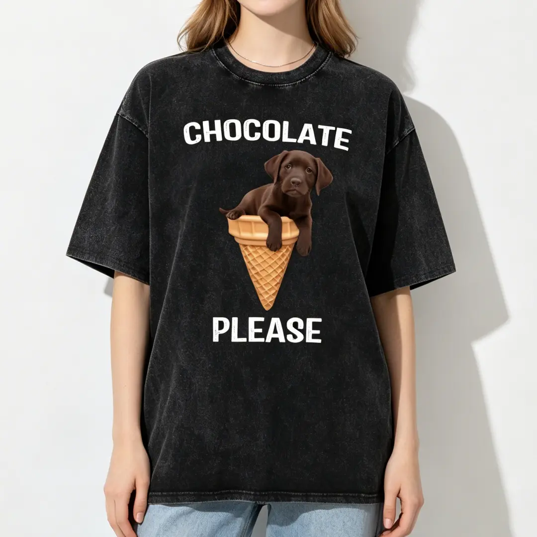 Unisex Heavyweight Cotton Oversized Fit Acid Wash Graphic Tee Three Layer Distressed White Bold Slogan Realistic Chocolate Lab Puppy Waffle Ice Cream Cone Full Color Print Vintage Black Crew Neck Cute Pet Soft Retro Casual Daily Top