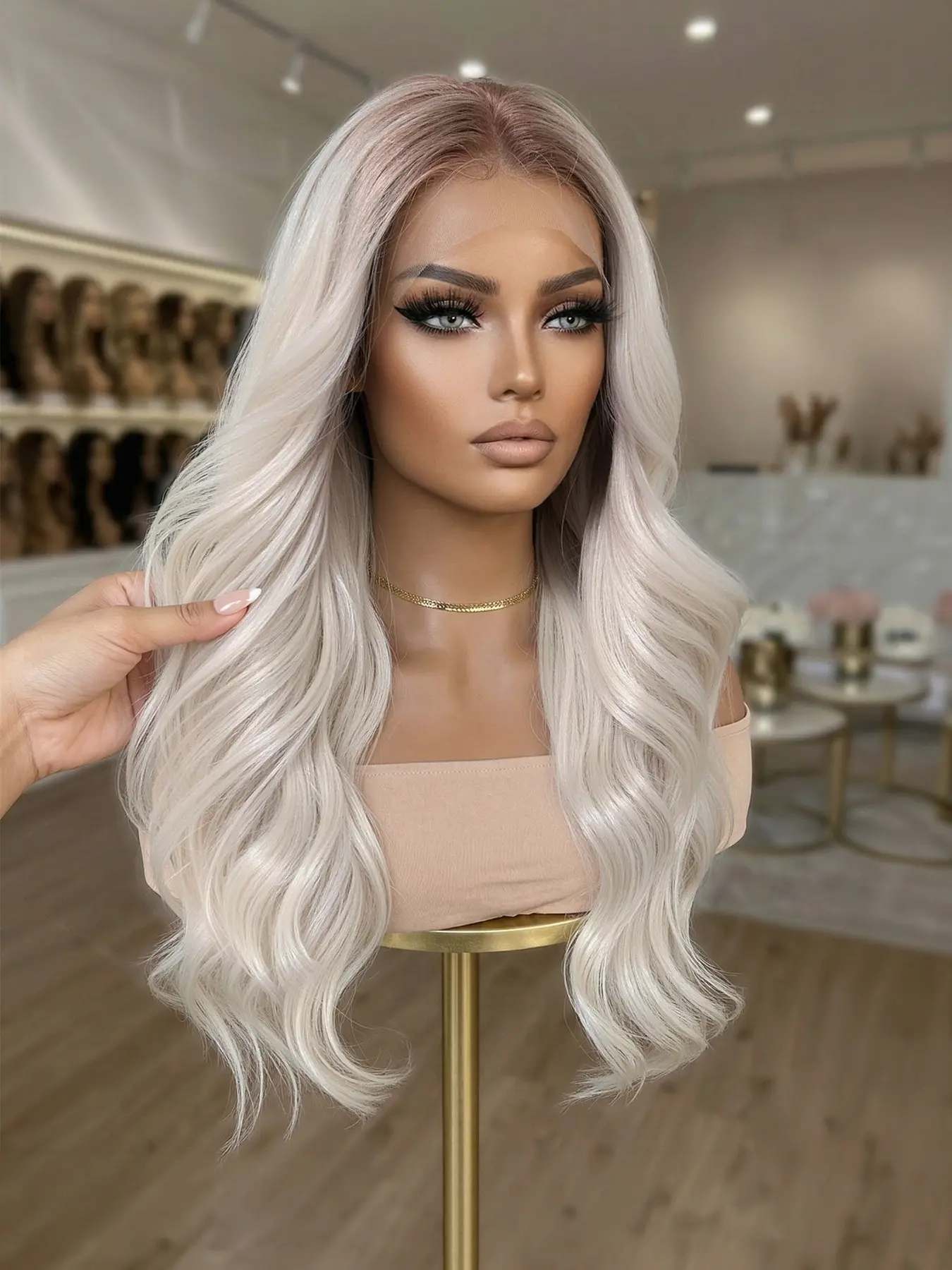 Topshe 13x6 Transparent Synthetic Lace Front Wig, 20 Inch Long Wave Champagne, Deep Root Heat Resistant, Comfortable and Breathable, Synthetic Lace Wigs, Synthetic Hair Wigs