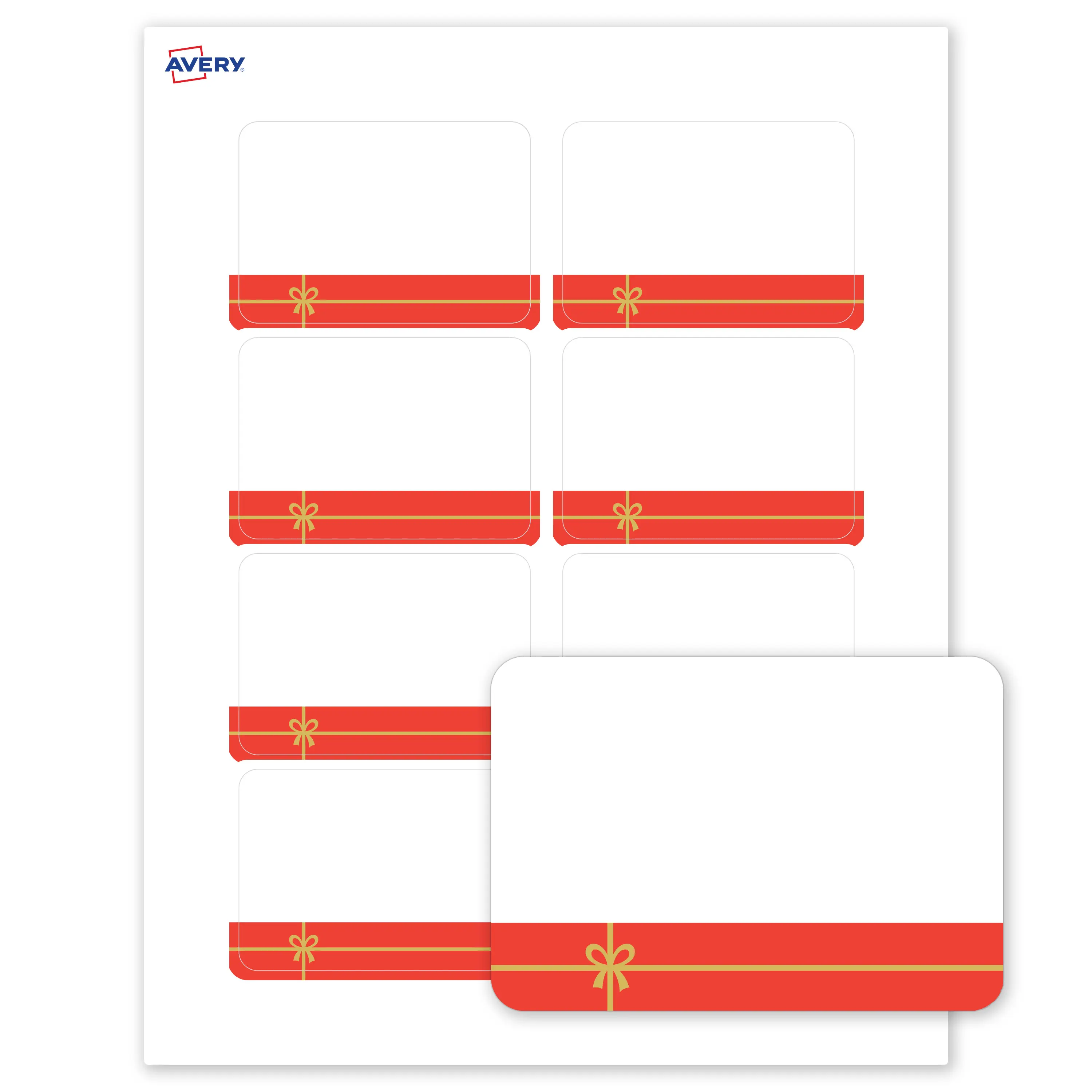 Avery® Printable Christmas Adhesive Name Tags, 2-1/3" x 3-3/8", Matte White, Pre-printed Red Gift/Metallic Gold Bow Design, Laser & Inkjet Compatible, 160 Total, Great Name Badges for Weddings and Events
