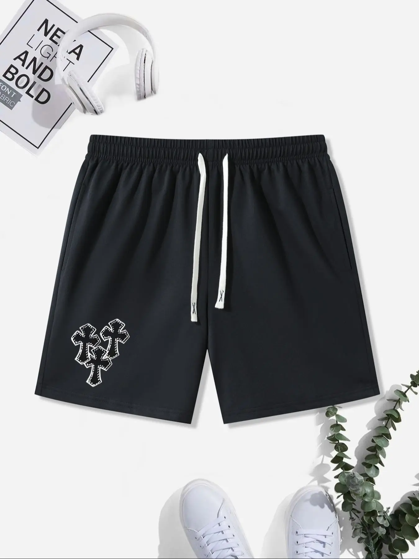Men's Cross Print Pocket Drawstring Shorts, Casual Elastic Waist Track Shorts for Summer, Shorts for Men, Streetwear, Men's Bottoms for Daily Wear, Su