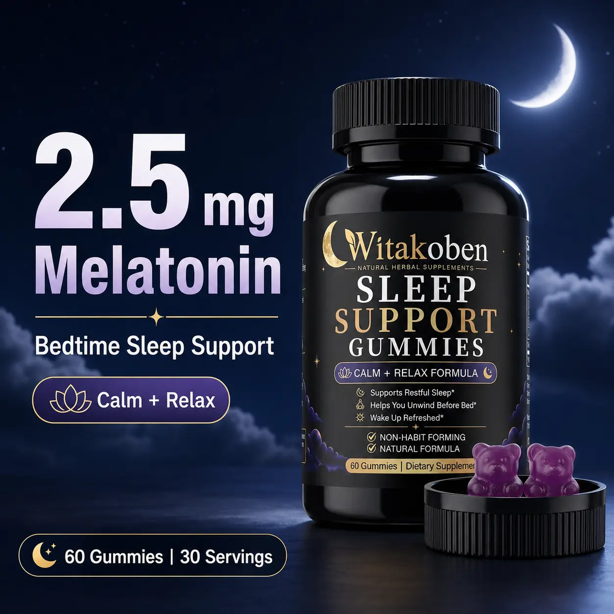 Adult Sleep Support Gummies - Natural, Non-Habit-Forming Nighttime Calm & Relax Bedtime Supplement, 60-Count Restful Sleep Routine Aid