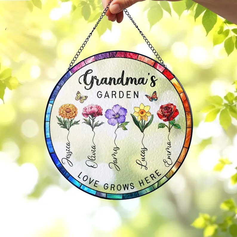 Grandma's Garden Stained Glass Suncatcher, Personalized Birth Flower Flowers Stained Suncatcher, Mothers Day Gifts for Grandma, Nana Gift