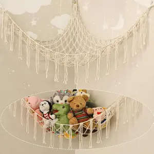 Stuffed Animal Hammock Corner, Hand-knitted Large Plushie Net Toy Hammock with Wooden Rings | Boho Cute Stuff Animal Storage for Nursery & Bedroom | Mesh Kids Toy Organizer Holder Nursery Room Decor Cotton Decoration