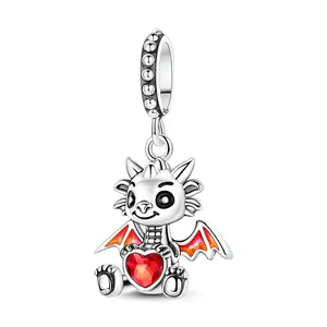 MULA Cute little dragon pendant, made of 925 Sterling Silver, with red glass and CZ, enamel wings, fantasy jewelry, compatible with Pandora bracelets, perfect gift for women girls