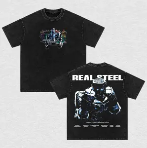 Atom vs Midas Real Steel Graphic Tee - Vintage Washed Oversized Robot Fight Shirt - Heavyweight Cotton Boxing Robot Merch - Retro Streetwear Fan Gift