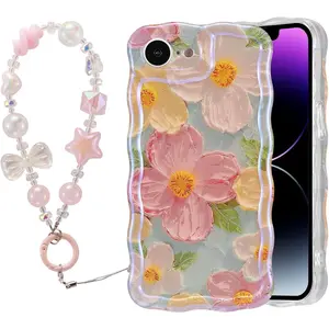 Case for iPhone 16e, Colorful Oil Painting Flower Case with Bracelet Chain Curly Wave Edge Exquisite Phone Cover Stylish Durable TPU Protective Cover Phone Charm for Girls Women-Green Pink