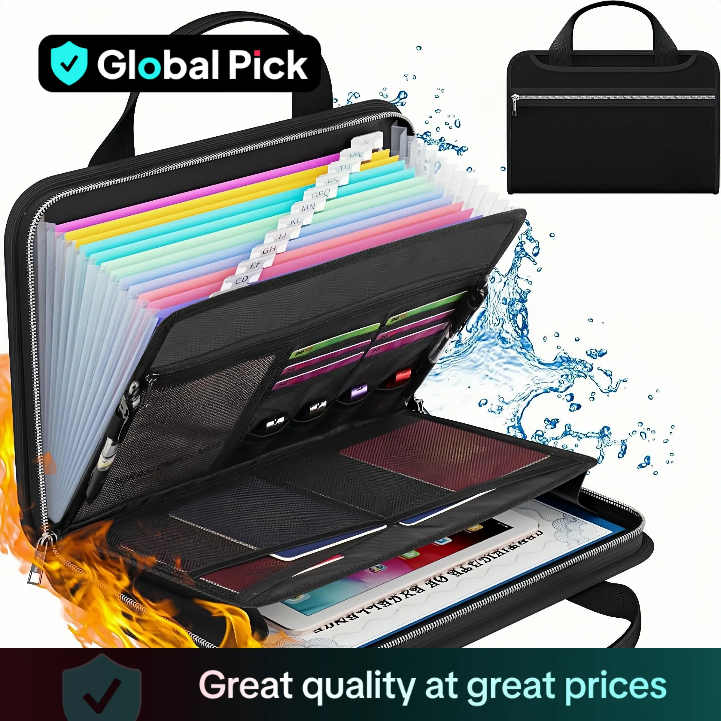 Fireproof File Folder with Handle, Large Capacity A4 File Bag, Test Paper Folder, Data Paper Organizer Storage Bag, Office Stationery & Supplies