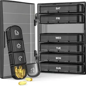 Pill Organizer, Vitamin Dispenser, 4 Times a Day, Portable 7 Day Pill Box with One-Side Large Openings, Black Privacy Protection Large Travel Pill Case with 28 Compartment to Hold Medicine for Medication, Vitamins, Fish Oils, Supplements, Healthcare
