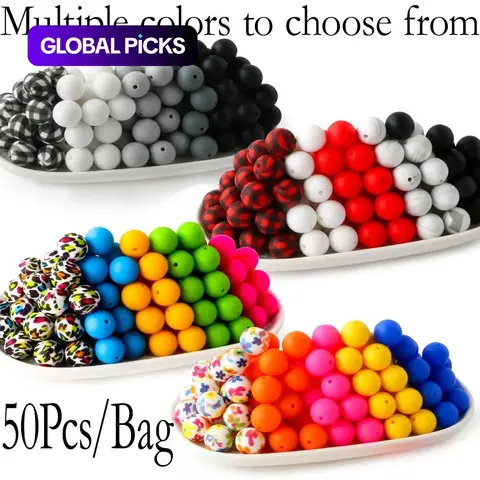 【Black Friday】15mm Silicone Beads, 50-Piece Round Bead Set, Beads for Crafts, DIY Jewelry-Making Supplies for Bracelets, Necklaces, Earrings and Pendants #GLOBAL PICKS