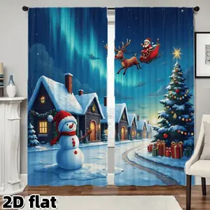 2D Flat 2Pcs Christmas Holiday Scene Curtains Santa Sleigh Snowman Print Northern Lights Background Rod Pocket Design Semi Sheer Polyester Fabric Home Decor Window Treatment Living Room Bedroom Festival Decoration