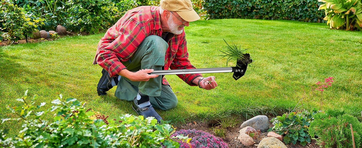 58" Long Handle Weed Puller Tool |,2 in 1 Weed Rake & Grabber ,Come with FREE Gardening Gloves