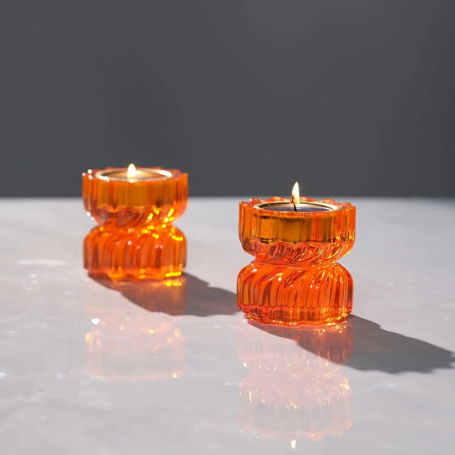 Twist Tealight Holder, Decorative Tealight Candle Holder for Table Display, Unique Home Décor, Housewarming Gift, Spiral Sculpture Diwali Tea Light Stand Orange Resin Set of 2