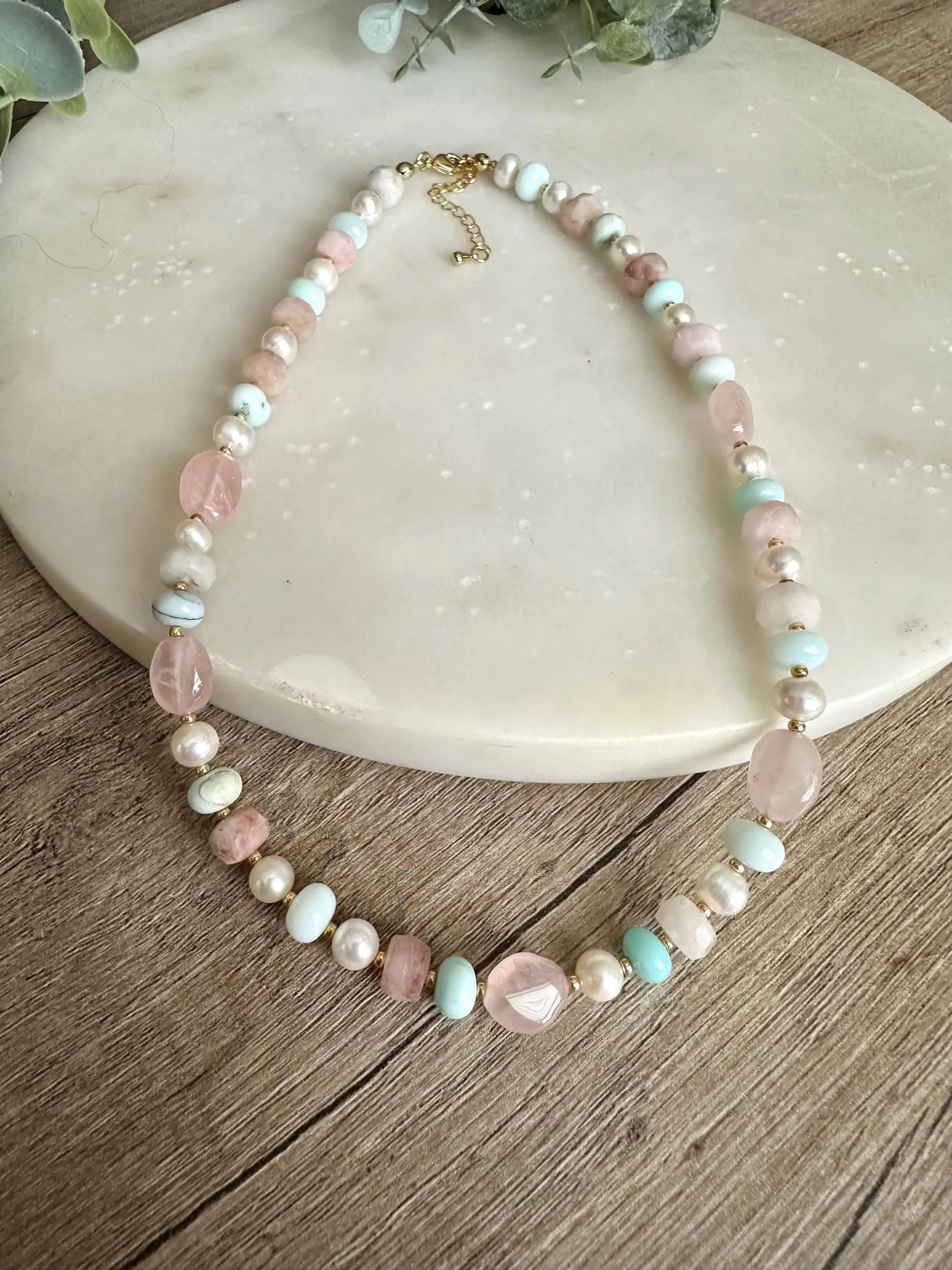 Mixed Gemstone Necklace Opal Rose Quartz Pearl, Pastel Beaded Necklace, Aqua Pink Jewelry, Gold Filled, Delicate Layering Necklace