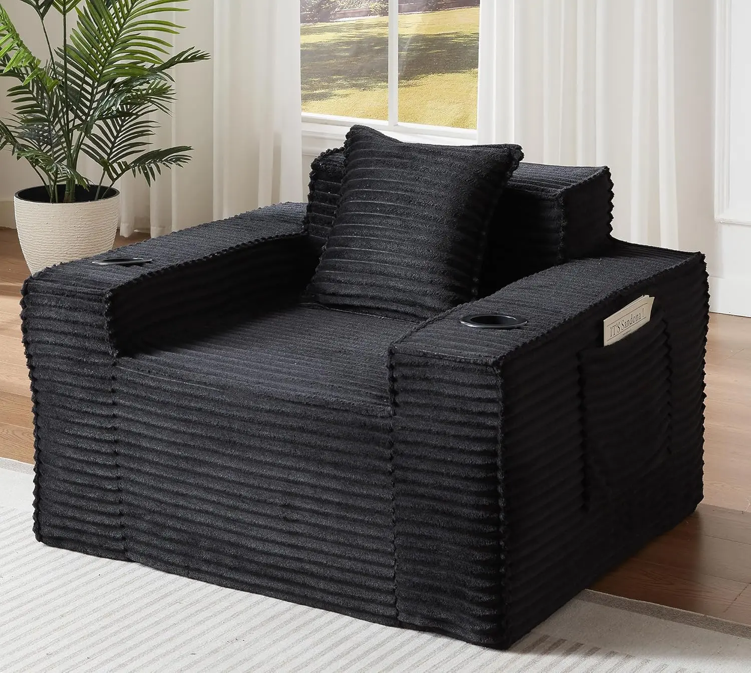 43.4"Single Cloud Sofa, Comfy Corduroy Boneless Couch with Cup Holders & Storage Pockets, Deep Seat Reading Chair Cloud Couches for Small Space Living Room No Assembly Required, Black