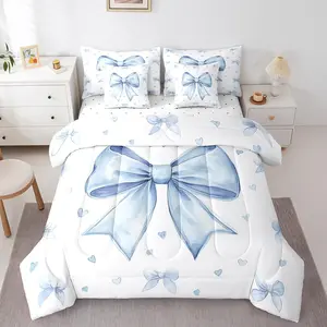 Cute Blue Bowknot 7 Piece Bed in A Bag with Sheets,Kawaii Dreamy Bow Comforter Set,Princess Blue White Heart Decor Bedding Sets Soft Blanket