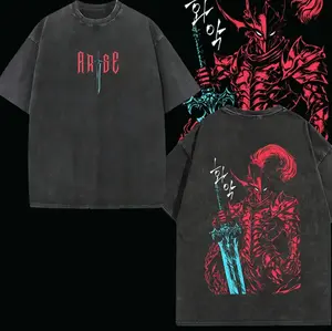 Menswear Unisex Igris Vintage Washed Oversized Round Neck Short-Sleeve T-Shirt & Hoodie - Solo Leveling Shadow Knight Commander Anime Graphic, Absolute Loyalty & Silent Blade Theme, Heavyweight Ribbed Fabric Seamless Classic Casual DGET