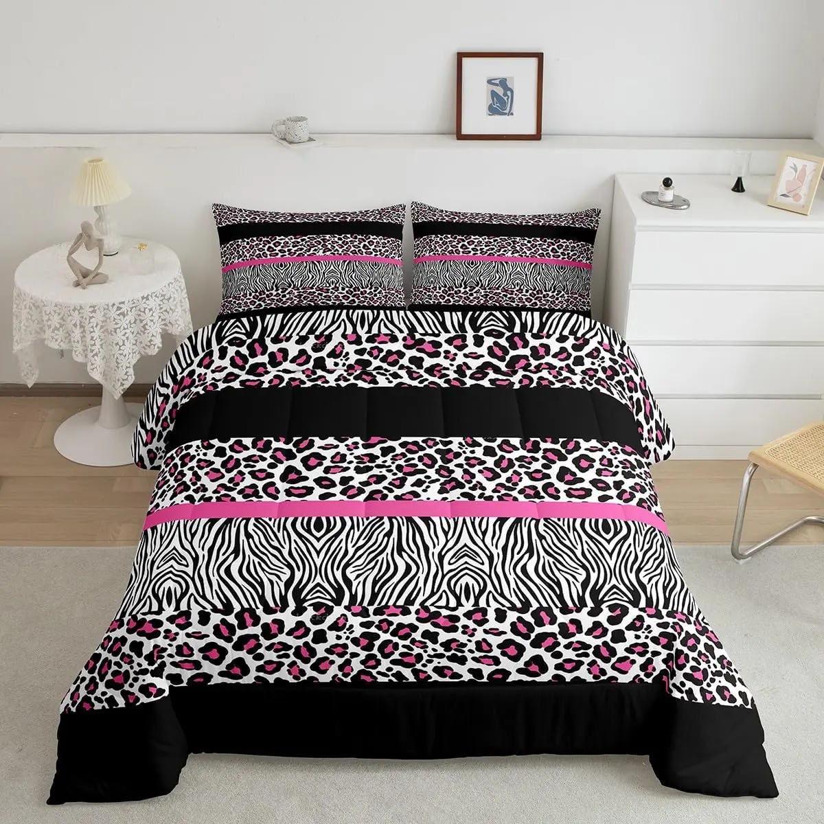 Pink Leopard Comforter Set,Zebra Print Comforter Pink Black Bedding Set Safari Animal Duvet Insert Bed Set