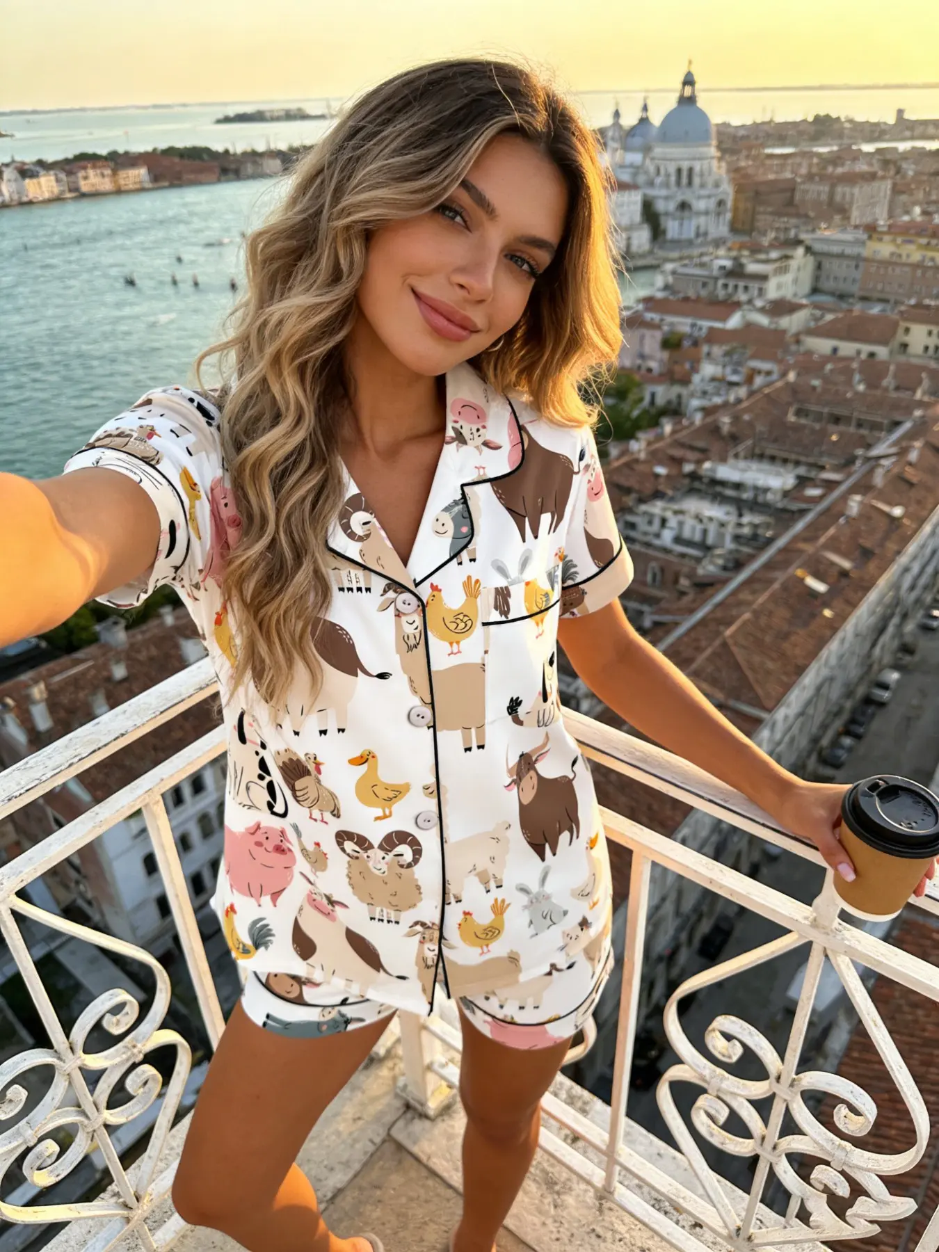 Women's Short Sleeve Pyjama Set, Pajamas, Cartoon Farm Animal Cute Full Print, Casual Slim-Fitting Home Wear, Breathable Comfort