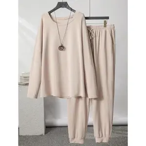 ��Plus Size�� Solid Long Sleeve Top & Drawstring Waist Sweatpants Set, Casual Top & Pocket Jogger Pants, Women's Spring & Fall Clothes, Womenswear