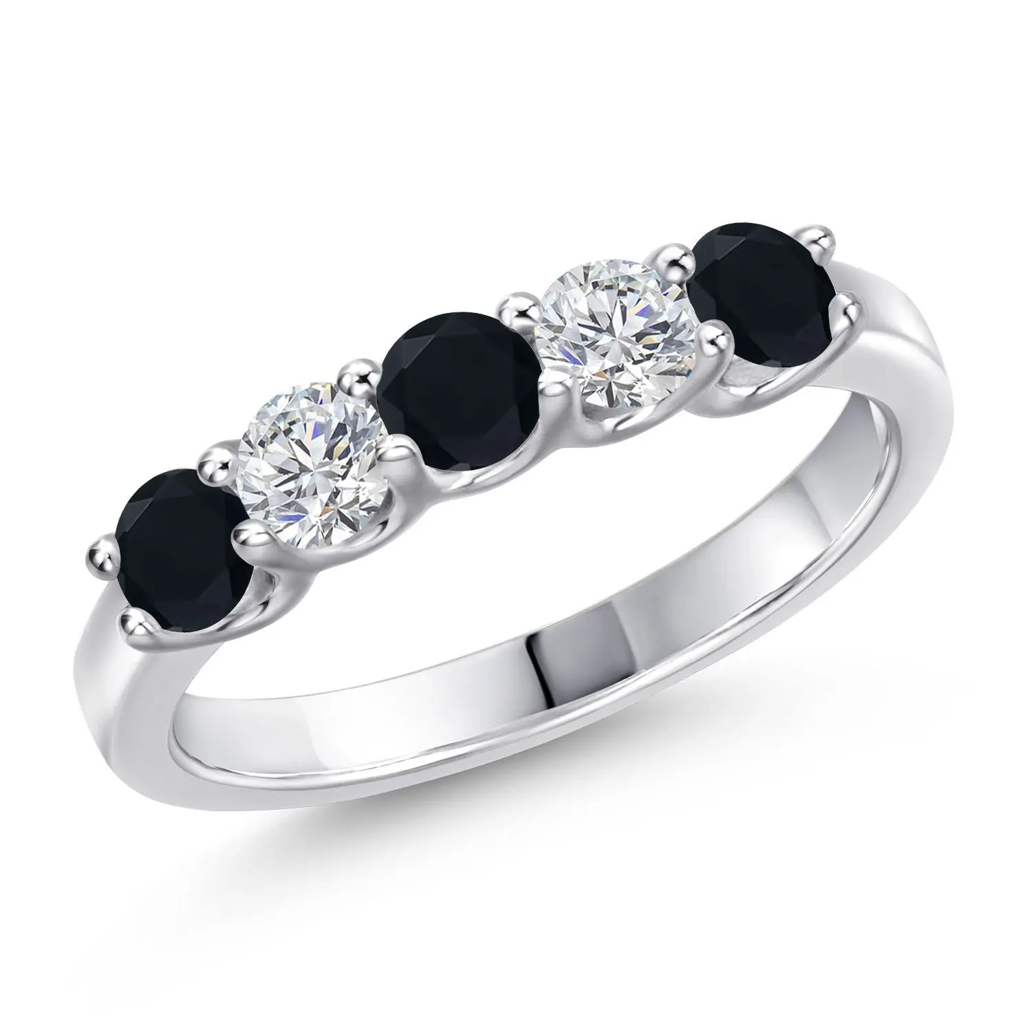 925 Sterling Silver Black Onyx and Lab Grown Diamond 5-Stone Alternate Wedding-Bands Ring For Women | 0.73 Cttw | Round 3.5MM | Gemstone Birthstone