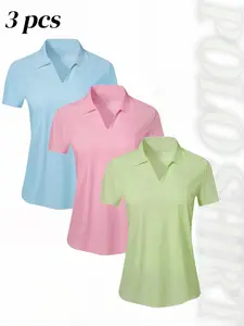 Women's Spring Summer Casual Sports Polo Shirt, Soft Stretch Breathable V Neck Top, Soft Polyester Top, Casual Sports Tops, Ideal for Tennis Fitness Running Hiking