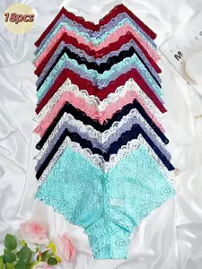 Bowknot Lace Women's Low-Rise Panties 18-Piece Set Hollow-Out Design Bohemian Sweet Girlish Feel Lightweight Breathable Playful Cuteweight