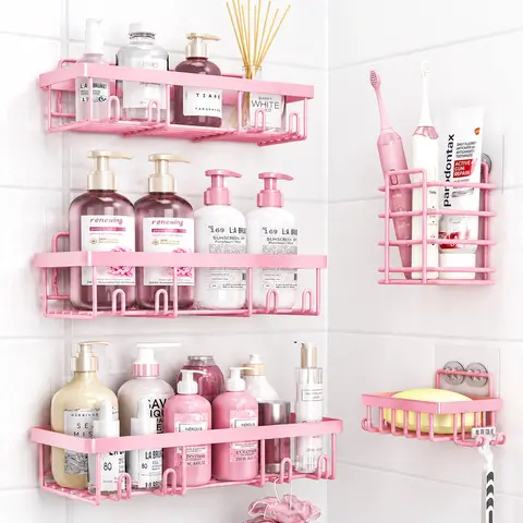 Pink Minimalist 5-Pack Modern Bathroom Decor Set - No-Drill Adhesive Rustproof Stainless Steel Shower Organizer, Hollow Floating Shelf, Toothbrush Holder, Soap Dish, Waterproof, Ideal for Dorm Renters