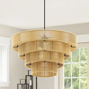 Handmade Hemp Rope Ceiling Light, E26*4 Base Rustic Flush Mount Indoor Light Fixture, Elegant Woven Natural Fiber Ceiling Lamp, Boho Farmhouse Decorative Light for Bedroom, Living Room, Hallway, Dining Room