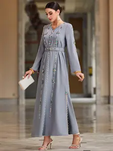 Women's Dress, Traditional Abaya For Muslim, V-Neck Long Sleeve Maxi Design, Handmade Beaded Embellishment, Elegant Fashionable Clothing for Women