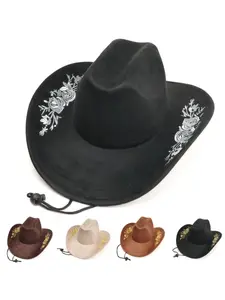 Cross-border new style floral embroidered fedora for men and women, vintage fashion outdoor hat, western ethnic style cowboy h, Embroidery Trendy Hat