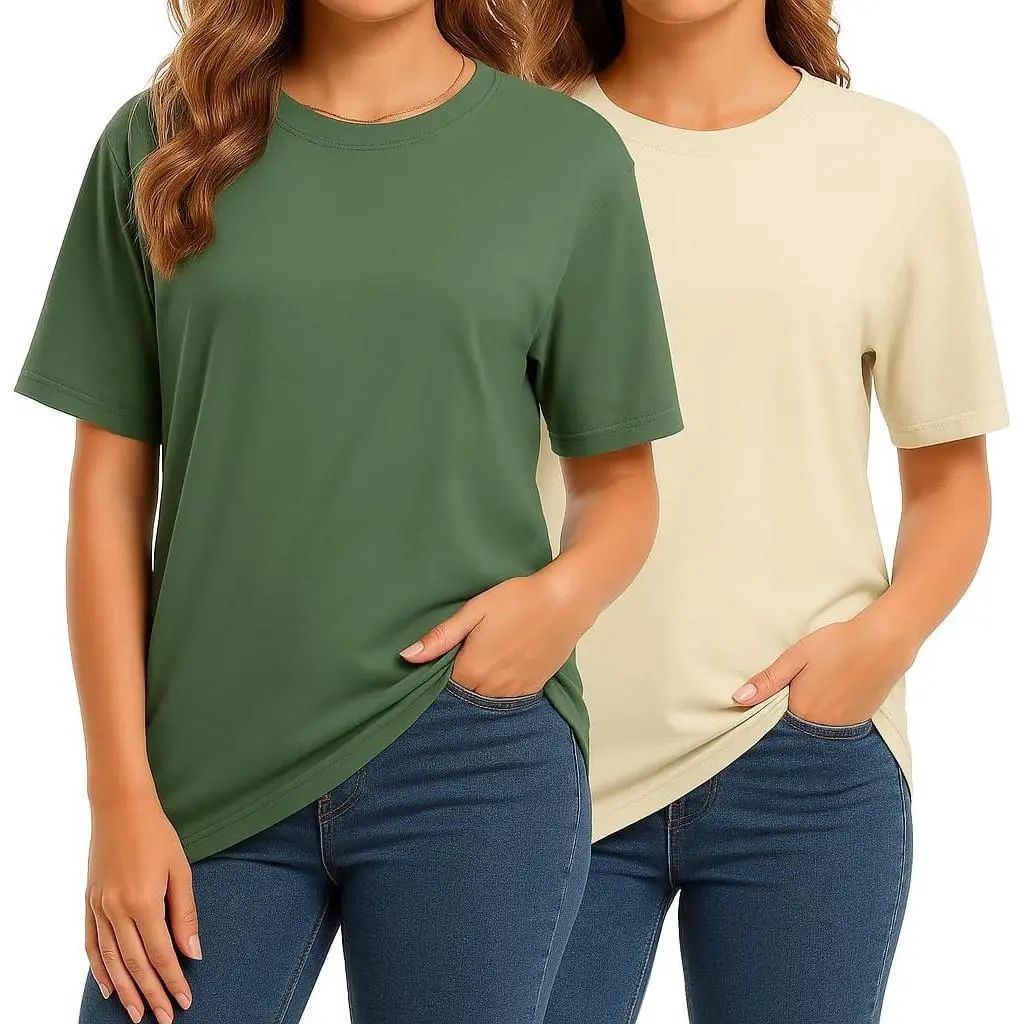 2 Pack Women's Combed Cotton T-Shirts, Short Sleeve Crewneck in a Comfortable Loose Fit, Breathable Fabric for Summer, Shortsleeve, Tshirt, Casual, Soft, Everyday, Round Neck, Simple Fit