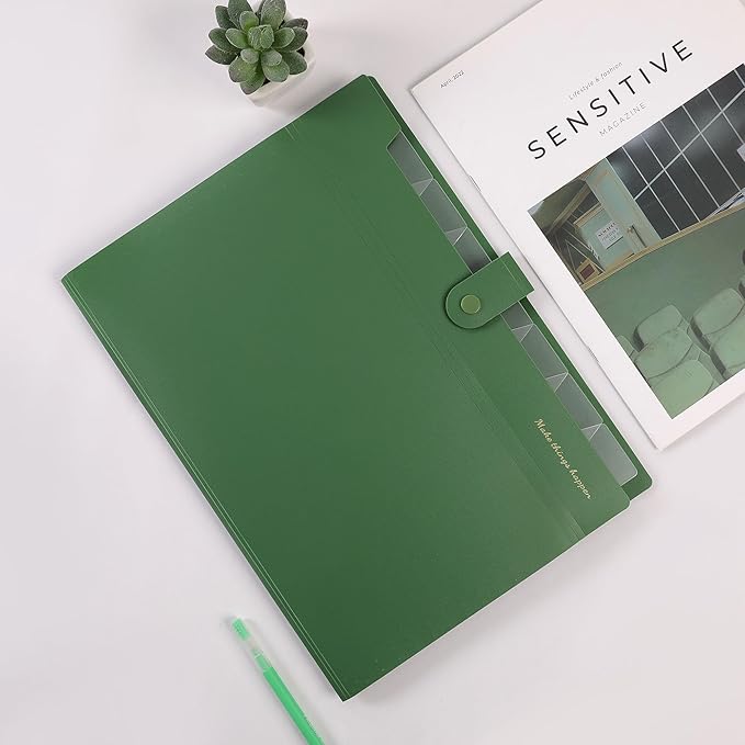 Expanding File Folders with 8 Pockets, Accordion File Organizer with Labels, Portable Paper Bill Receipt Organizer, Letter Size, Home School Office Supplies, Olive Green