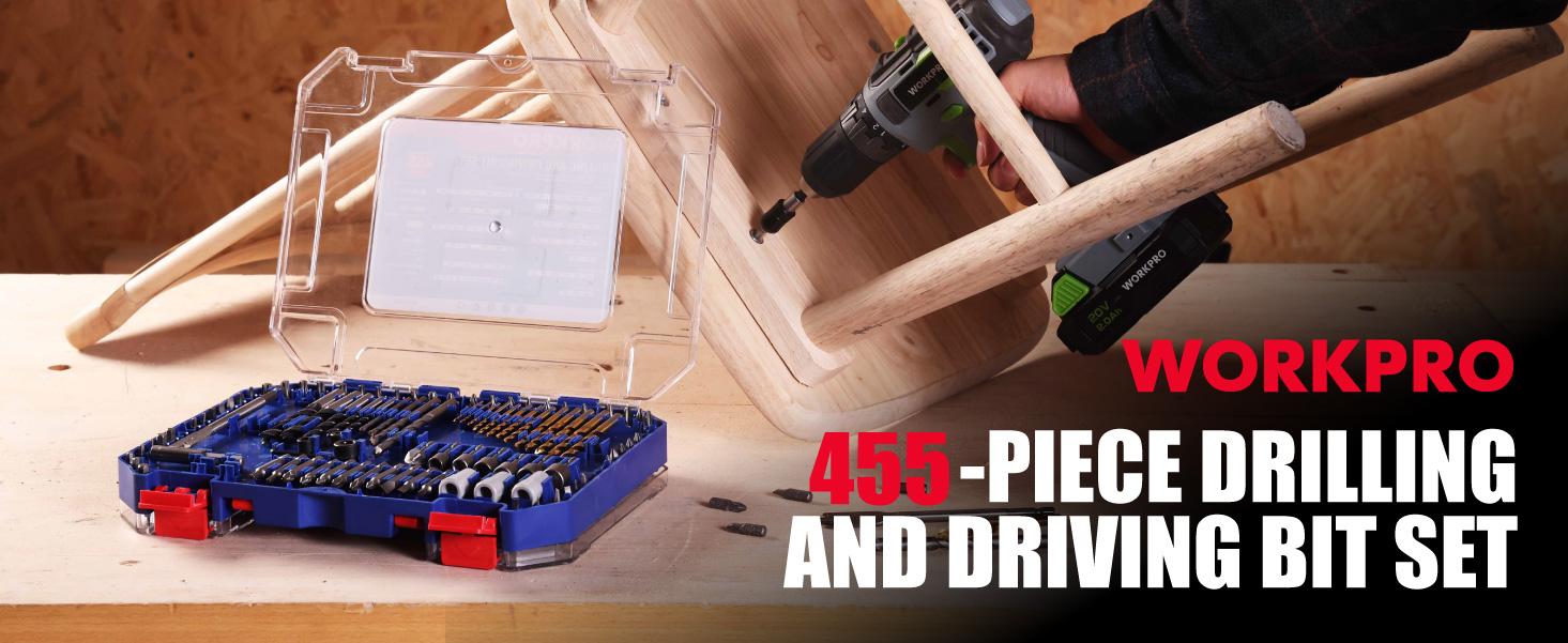 WORKPRO 455-Pack Drill Bit Set and Screwdriver Bit Set, Titanium Twist Drill Bits, Drywall Screws with Double Sided Storage Case, for Wood Metal Plastic Concrete Masonry