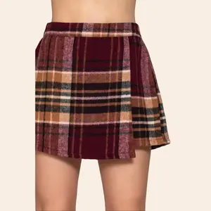 Wrap Plaid Jacquard Skort in Burgundy/Taupe - Regular Fit with Front Wrap Design - Comfort