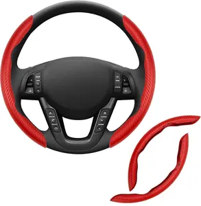 CROSSDESIGN Universal 2PCS Carbon Fiber Car Steering Wheel Non-Slip Cover 37-38cm Dia Red