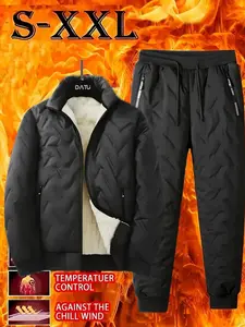Men's Casual Loose-Fitting Stand Collar Cotton Jacket Set, Thickened Pants, Fitted Design, Plain Pattern, H Type Style