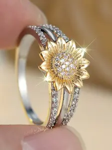 Elegant Sunflower Flower Ring for Women, Fashion Copper Zircon Jewelry, Perfect Gift for Parties and Anniversaries, Stylish Floral Design