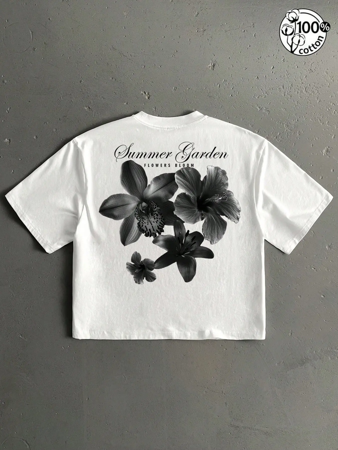 Unisex 100% Cotton White Cropped T-Shirt | Black & White Floral Print + "Summer Garden" Slogan Sweet Y2K Casual Streetwear Top