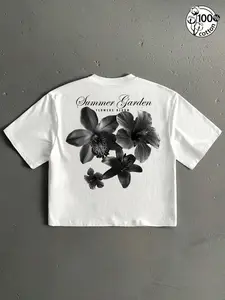 Unisex 100% Cotton White Cropped Short T-Shirt | Black & White Floral Print + "Summer Garden" Slogan Sweet Y2K Casual Streetwear Top