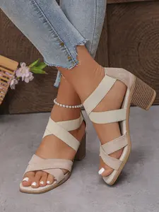 Minimalist Boho Women's Block Heel Sandals - Suede Crisscross Straps, Square Toe, Trendy Summer Footwear for Date Night