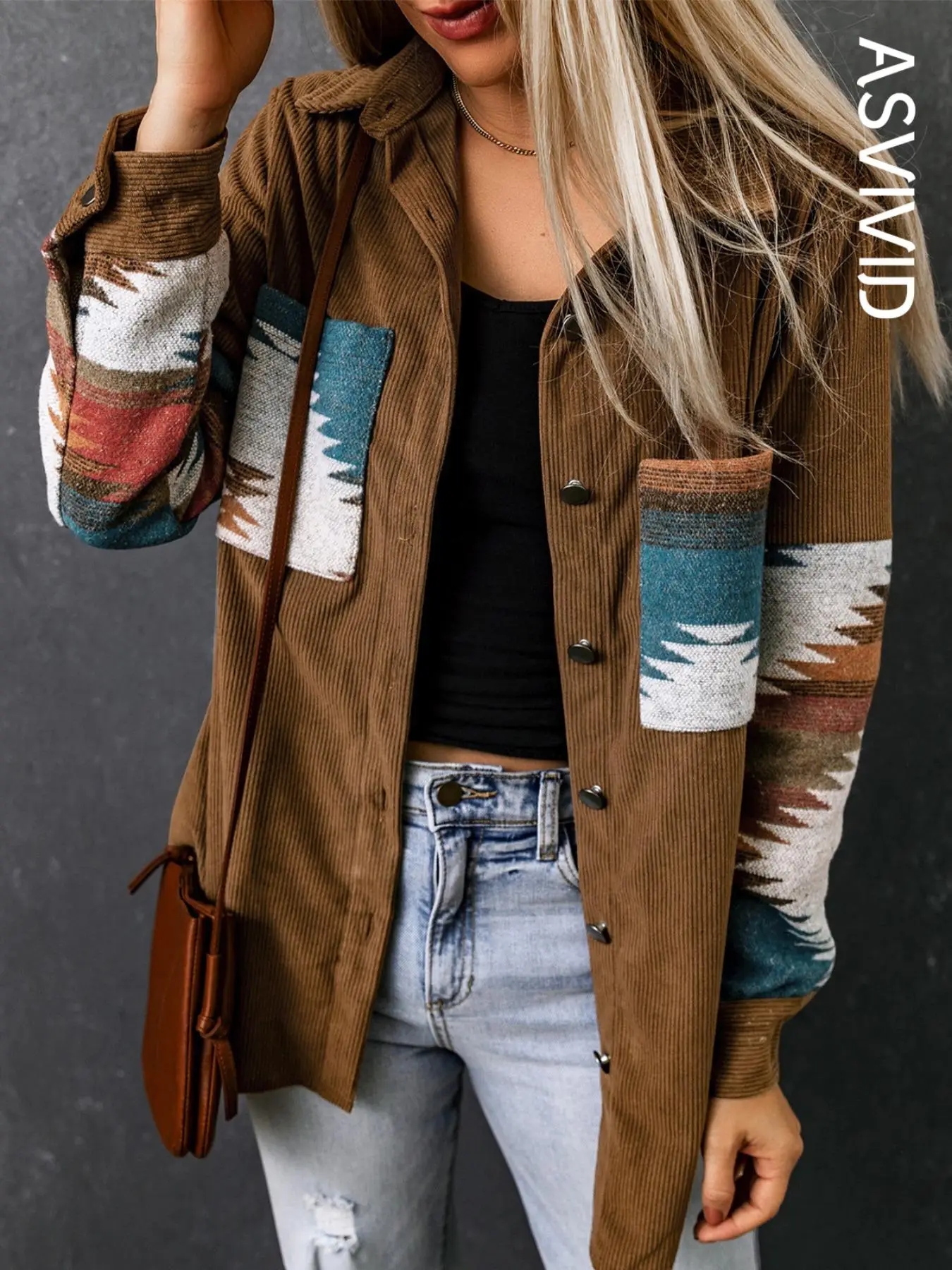 Women's Western Geometric Print Collared Button Front Corduroy Coat, Casual Pocket Long Sleeve Outerwear for Spring & Fall, Ladies Clothes for Daily W