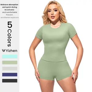 Yizhen Women's Short Sleeve & Shorts Set Soft Touch 4-Way Stretch for Gym Pilates Jogging Lounging Moisture Absorption Quick Drying Breathable Comfortable Bodycon Workout Tracksuit Set Solid Round Neck Sport Tee Activewear Fitness Athleisure Wear Yoga Bot
